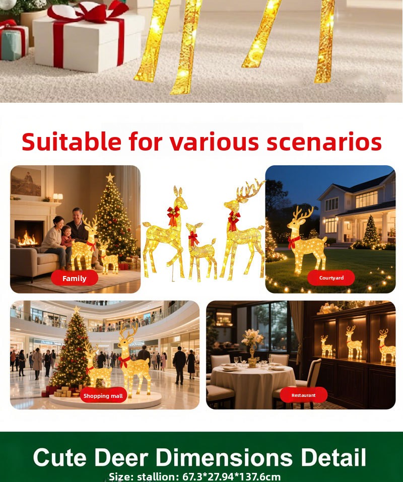 Champagnergoldenes LED-Hirschdeko-Set – 3-teiliges Weihnachtsdekor aus Eisen