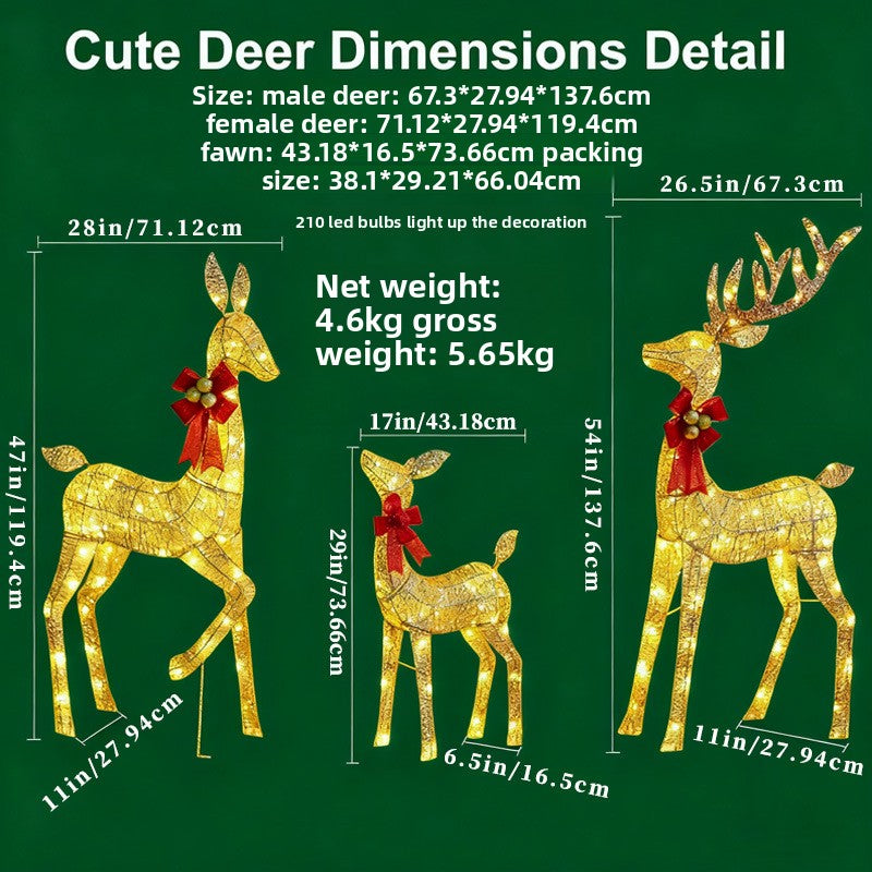 Champagnergoldenes LED-Hirschdeko-Set – 3-teiliges Weihnachtsdekor aus Eisen